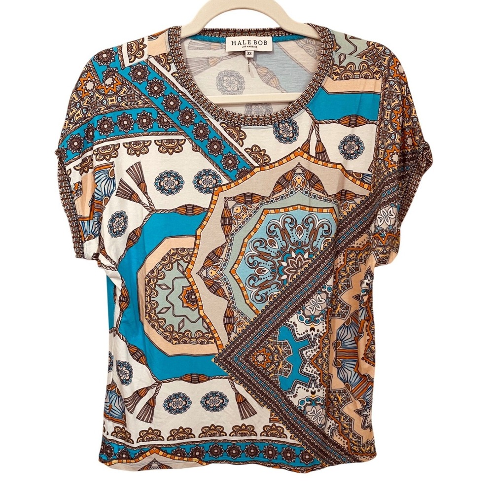 Hale Bob Size XS Scarf Print Viscose Knit Short Sleeve Top Old Money Office